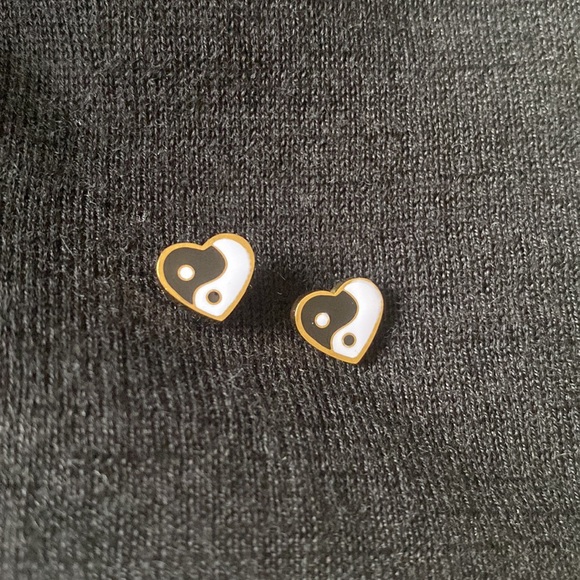 Gold Heart Yin & Yang Stud Earrings - Picture 2 of 3